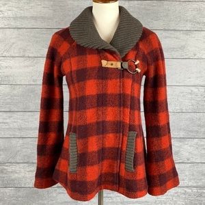 Free People Red Brown Plaid Grunge Wool Coat Sz 12